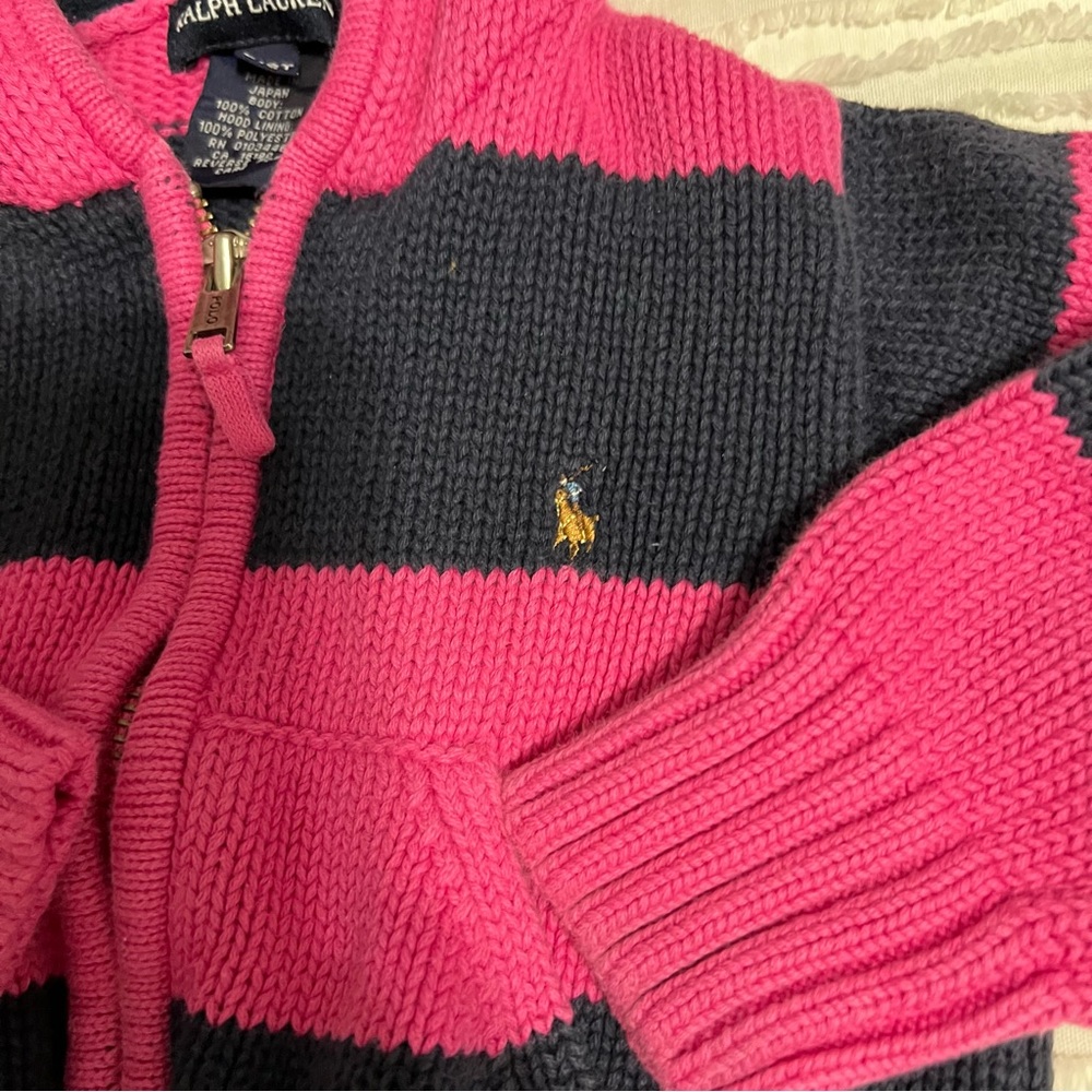 Vintage Ralph Lauren 2T Baby Girls Zip Sweater Polo Hooded Pink Navy Stripe Y2K